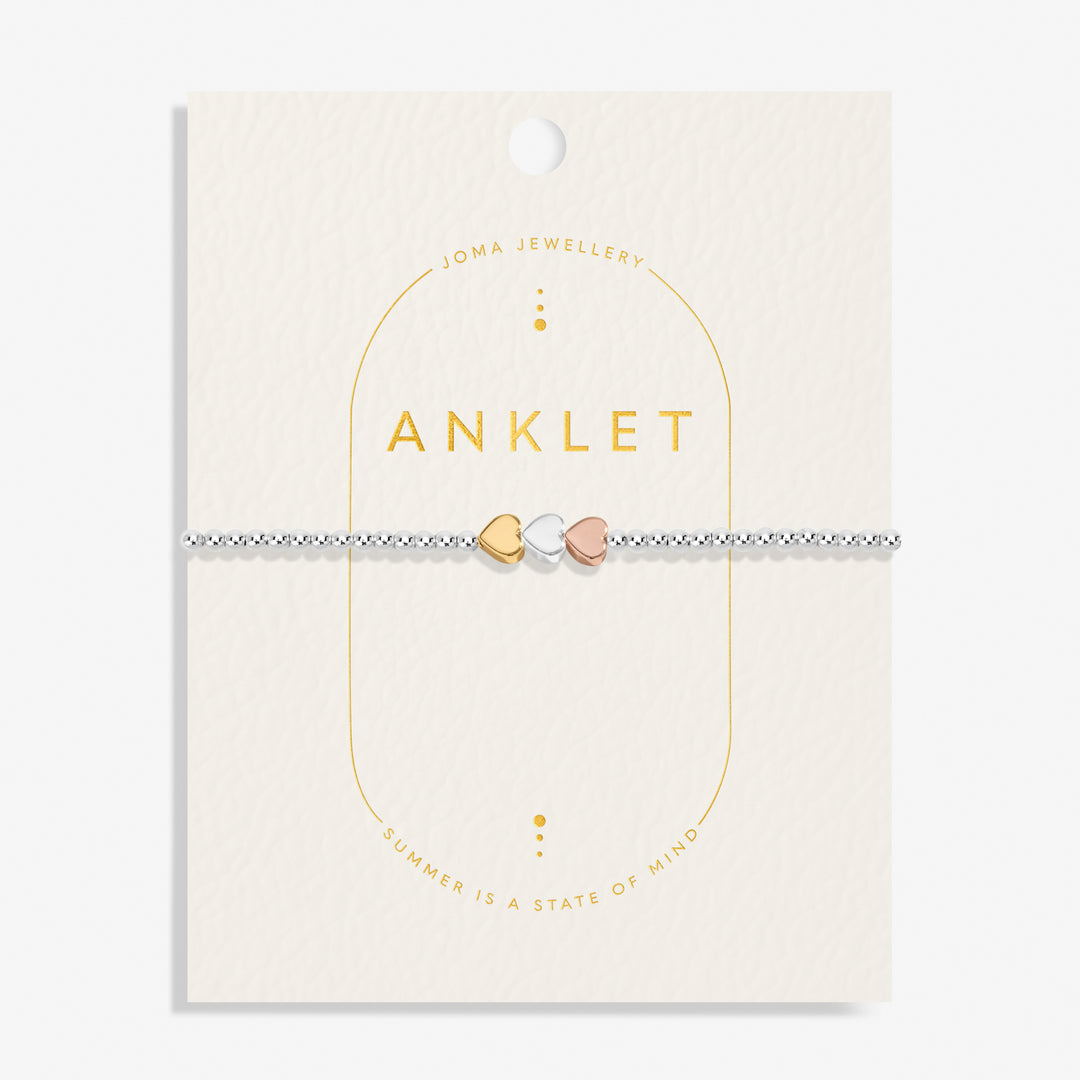 Joma Jewellery Anklet Three Tone Heart Silver, Gold Plated & Rose Gold Plated Anklet