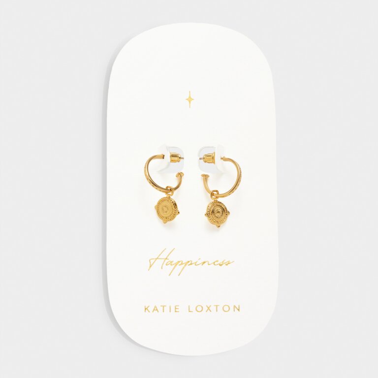 Katie Loxton Waterproof Antique Coin Hoop Earrings Happiness Gold Plated Earrings