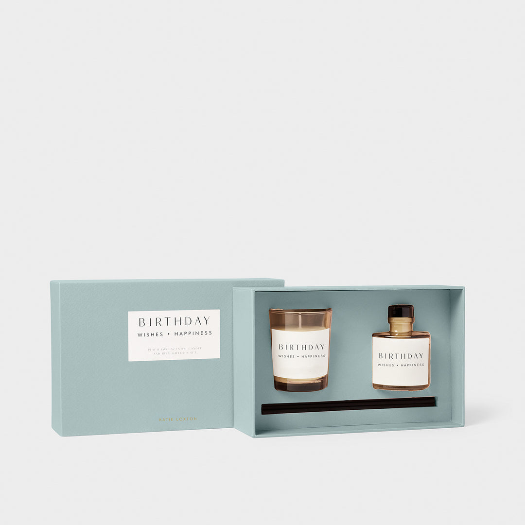 Katie Loxton Mini Votive And Mini Reed Diffuser Gift Set Birthday Peach Rose And Sweet Mandarin