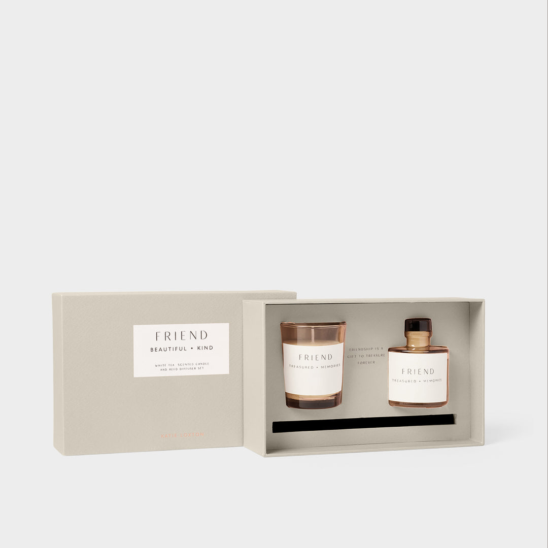 Katie Loxton Mini Votive And Mini Reed Diffuser Gift Set Friend English Pear And White Tea