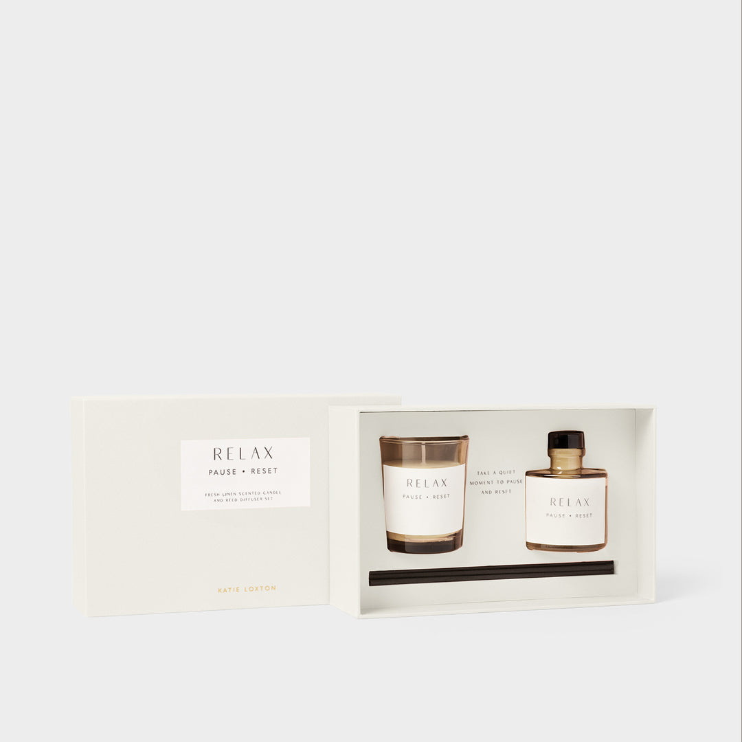 Katie Loxton Mini Votive And Mini Reed Diffuser Gift Set Relax Fresh Linen And White Lily