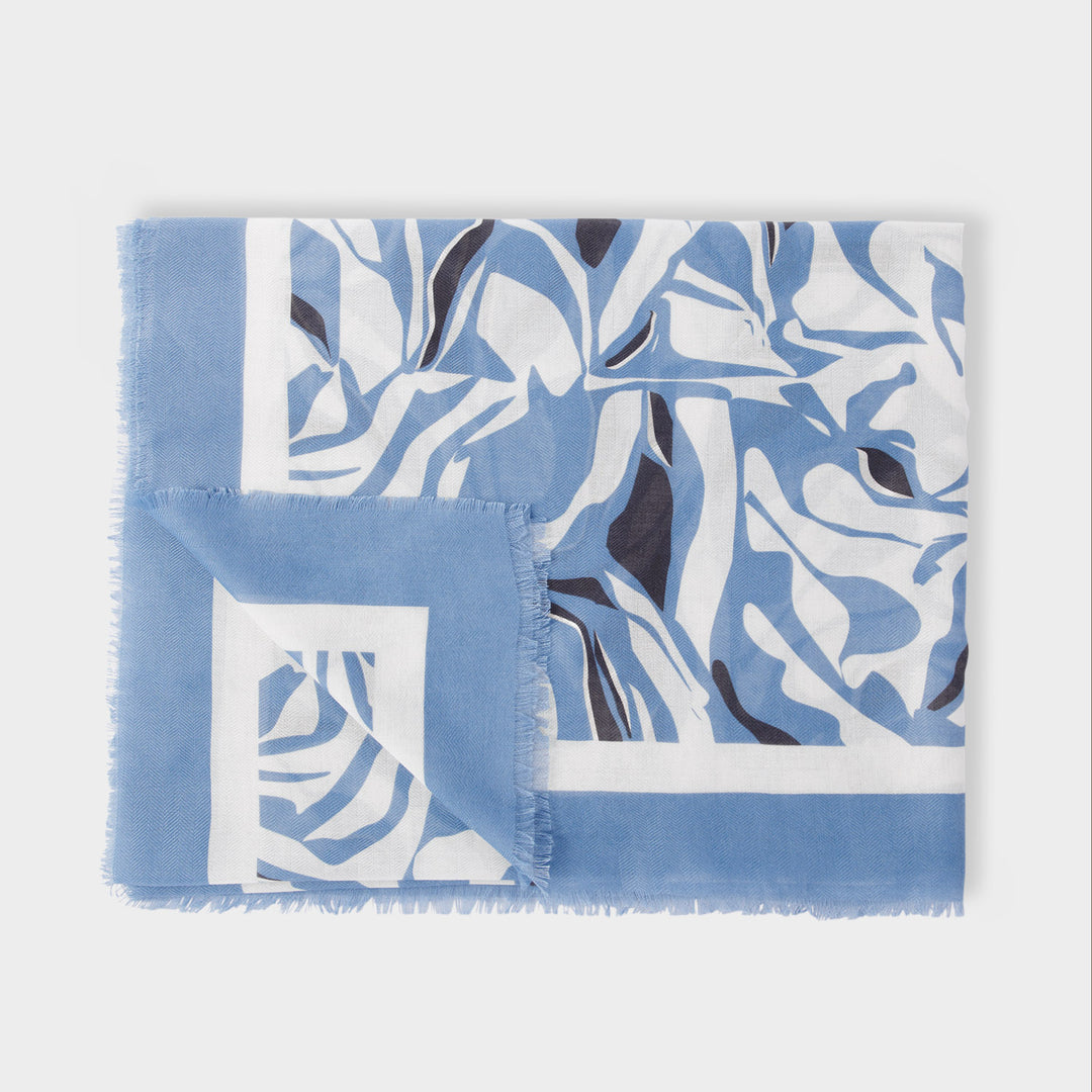 Katie Loxton Printed Foil Scarf Blue Blossom Cornflower Blue Off White Silver Foil