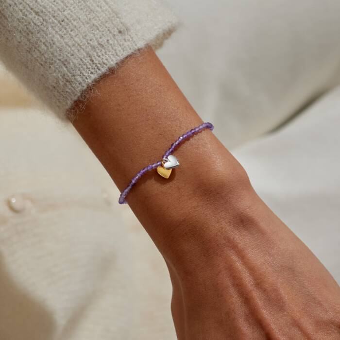 Joma Jewellery Mini Charms Amethyst Double Heart Silver & Gold Plated Bracelet