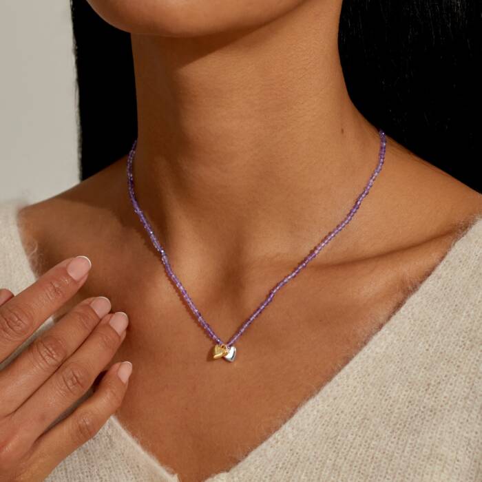Joma Jewellery Mini Charms Amethyst Double Heart Silver & Gold Plated Necklace