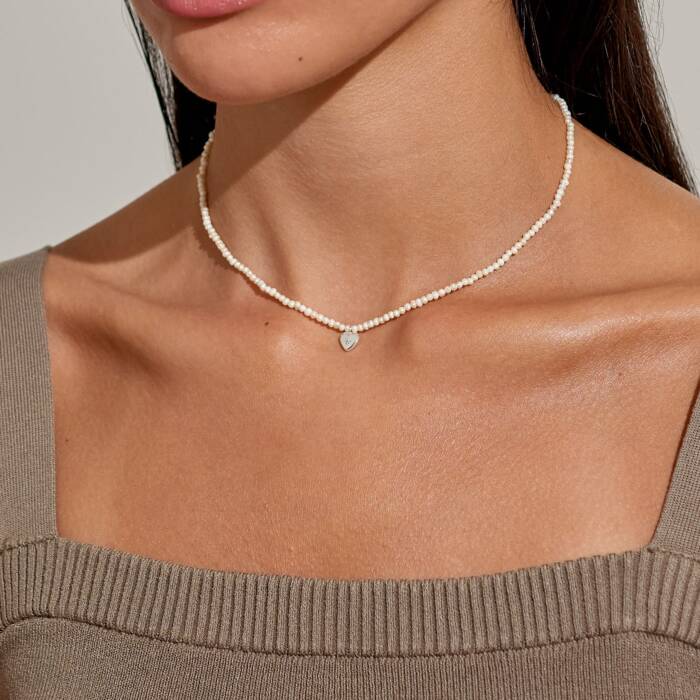 Joma Jewellery Mini Charms Cultured Freshwater Matte Pearl Cz Heart Silver Plated Necklace