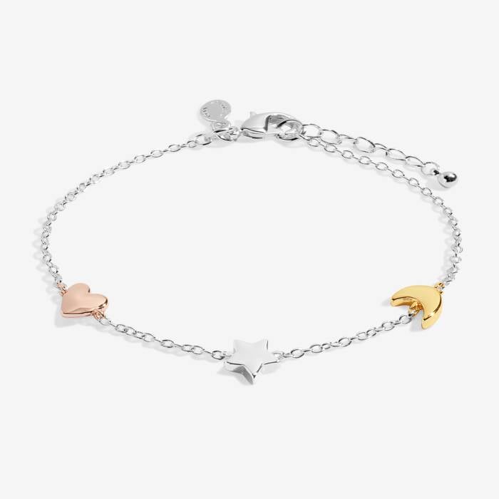 Joma Jewellery Mini Charms Moon Heart Stars Silver, Gold & Rose Gold Plated Bracelet