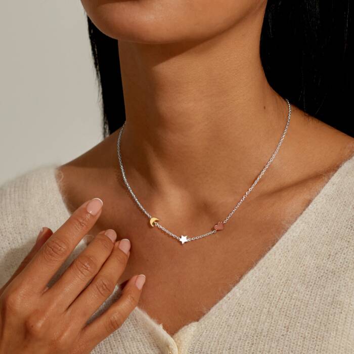 Joma Jewellery Mini Charms Moon Heart Stars Silver, Gold & Rose Gold Plated Necklace