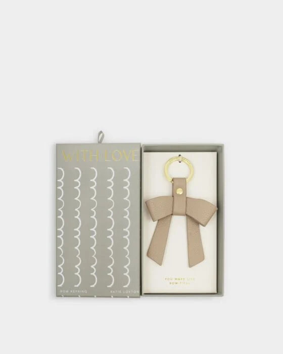 Katie Loxton Boxed Bow Keyring You Make My Life Bow-Tiful Light Taupe