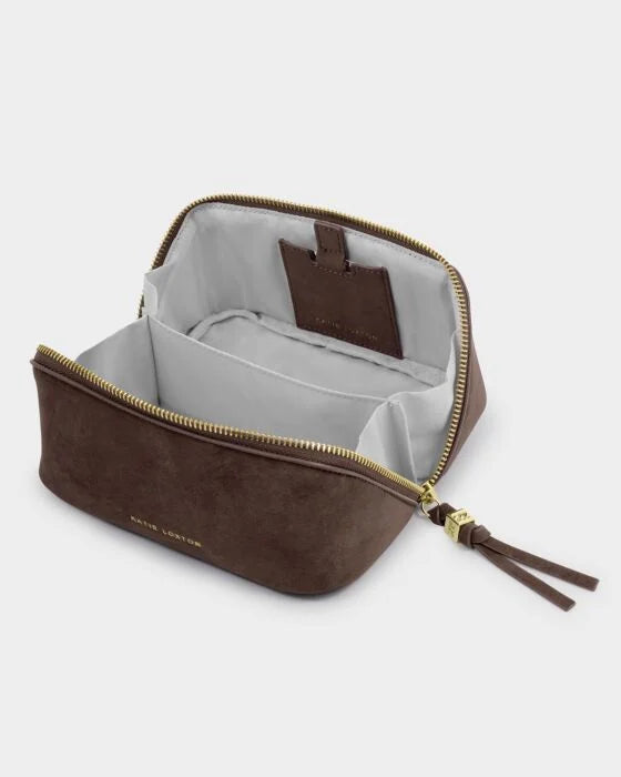 Katie Loxton Fold-Out Mirror Make Up Bag Chocolate Suedette