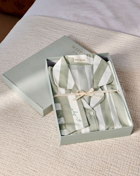 Katie Loxton Gift Boxed Pyjama Set Green Mist/Off White/Stripe Print Small 8-10