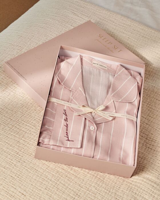 Katie Loxton Gift Boxed Pyjama Set Pink/White/Stripe Print Large 16-18
