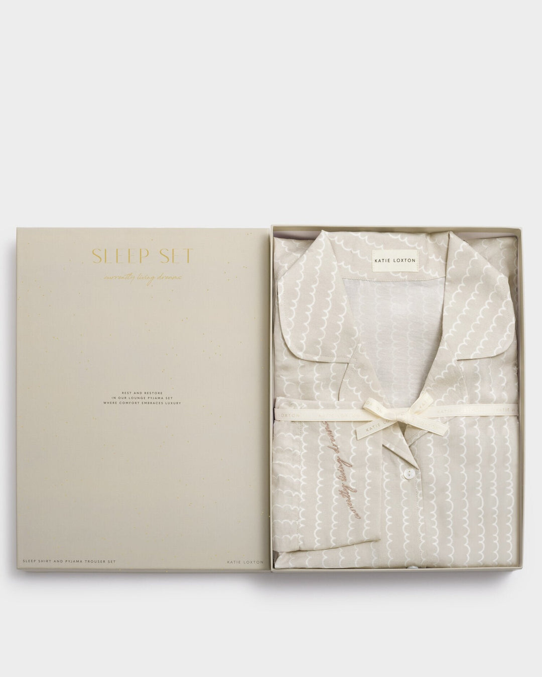 Katie Loxton Gift Boxed Pyjama Set Taupe/Off White/Wave Print Small 8-10