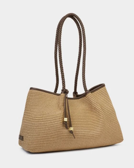 Katie Loxton Nova Raffia Small Shoulder Tote Natural Raffia/Bitter Chocolate