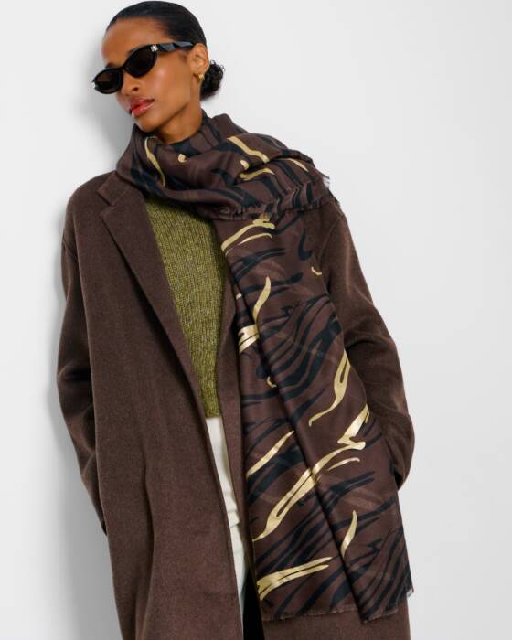 Katie Loxton Printed Foil Scarf Zebra Chocolate/Black/Gold Foil