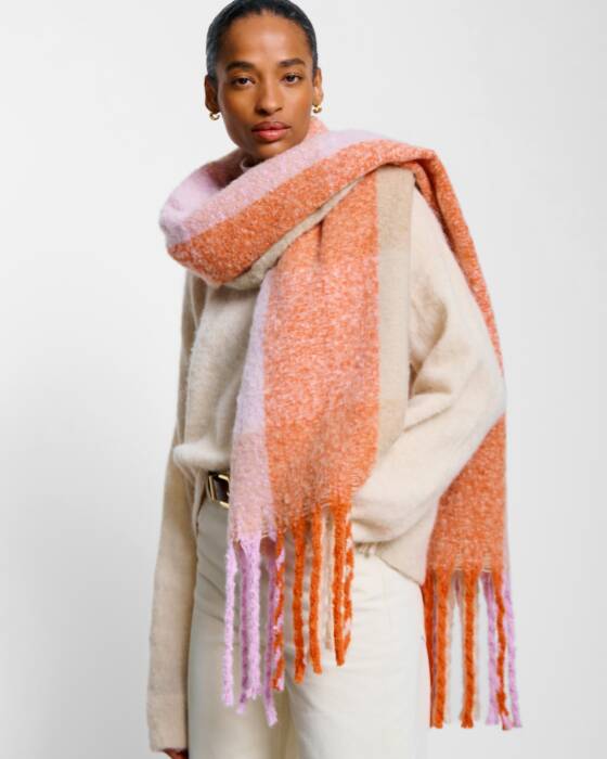 Katie Loxton Recycled Checked Tassel Scarf Lilac/ Orange/ Taupe