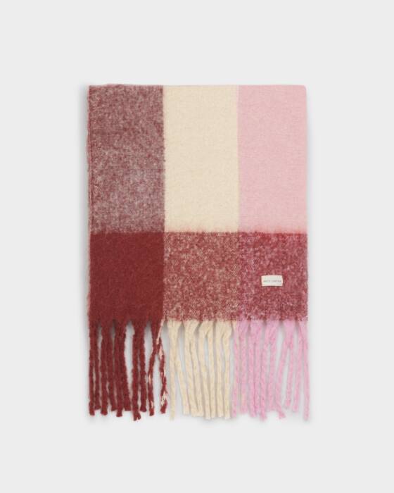 Katie Loxton Recycled Checked Tassel Scarf Pink/ Burgundy/ Cream