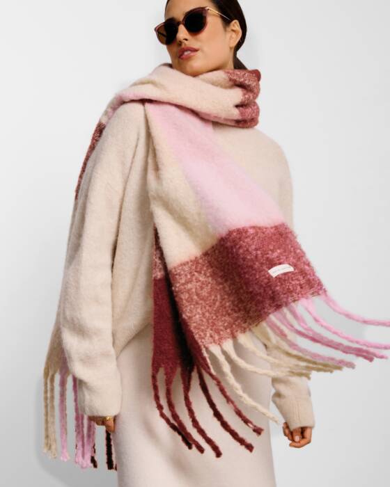 Katie Loxton Recycled Checked Tassel Scarf Pink/ Burgundy/ Cream