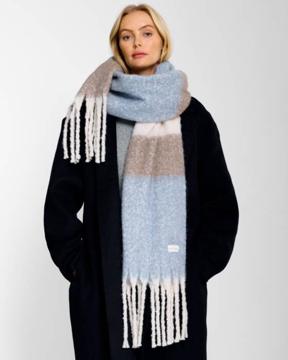 Katie Loxton Recycled Striped Tassel Scarf Blue/ Mink/ Off White