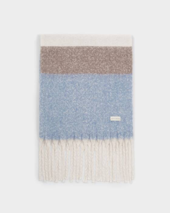 Katie Loxton Recycled Striped Tassel Scarf Blue/ Mink/ Off White